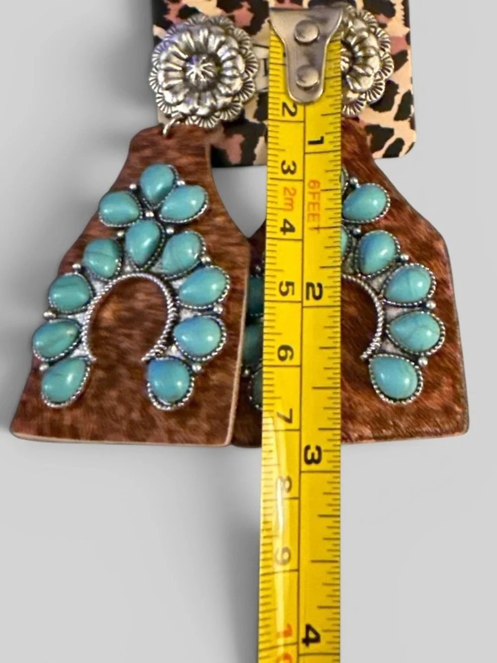 NWT Western Boho Faux Turquoise & Faux Leather Statement Drop EarringSilver Tone